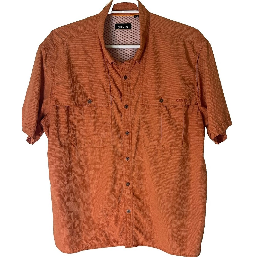 Orvis Mens XXL Orange Vented Short Sleeve Outdoor Fishing Utility Shirt Pocket